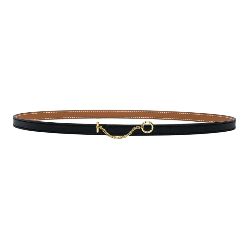 HERMES Carousel Pig Nose Gold Buckle Epsom Calfskin Double Sided Leather Belt Unisex Black Width  1.3cm-0