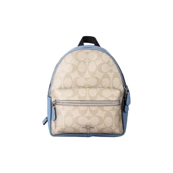 COACH Charlie Coated Canvas Backpack Mini Women's Light Khaki Monogram With Blue Accents