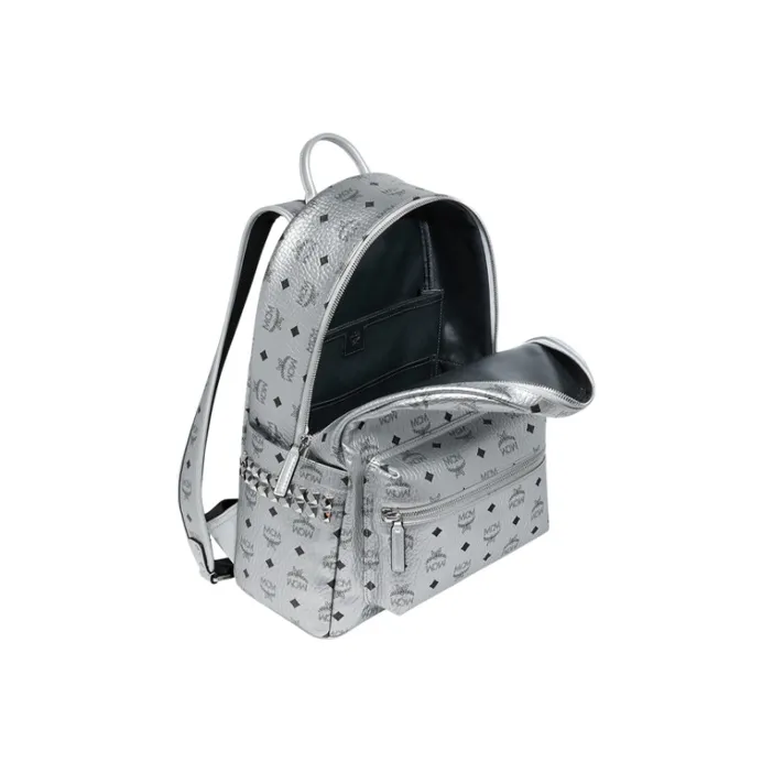 MCM Stark Visetos Canvas Backpack Women's Silver-4