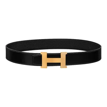 HERMES Constance Matte Gold Buckle Togo Calfskin Double Sided Leather Belt Men's Black Width  3.8cm