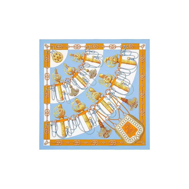 HERMES Silk Scarves Women's Sky Blue/Vintage Gold-0