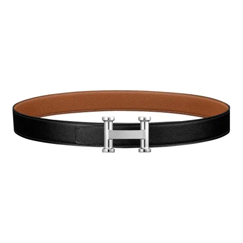 HERMES Agora Silver Buckle Togo Calfskin Double Sided Leather Belt Unisex Black Width  3.2cm