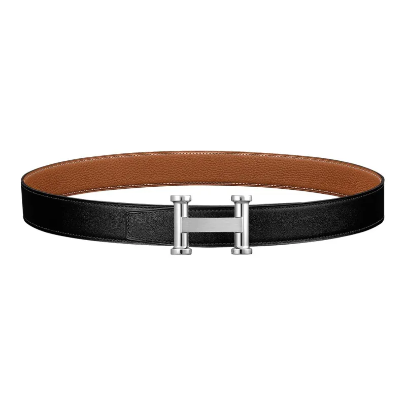 HERMES Agora Silver Buckle Togo Calfskin Double Sided Leather Belt Unisex Black Width  3.2cm-0