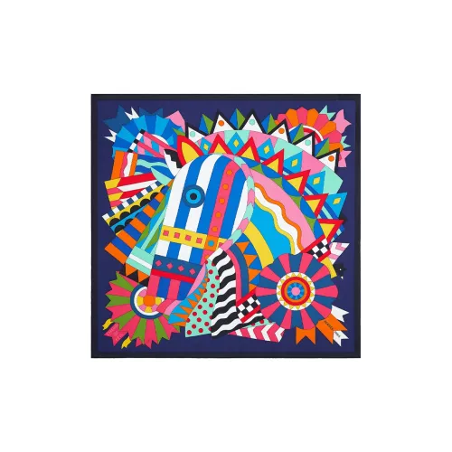 HERMES Silk Scarves Women's Indigo/Bright Yellow/Multicolor