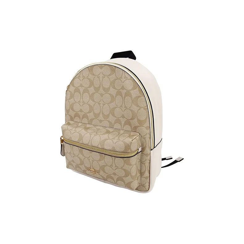 COACH Charlie PVC Backpack Medium Size Women's Light Khaki Monogram With White Accents-1