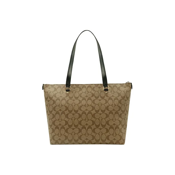 COACH Gallery PVC Tote Bag Shopping Bag Shoulder Bags Large Size Women's Khaki Monogram & Black Shoulder Strap-2