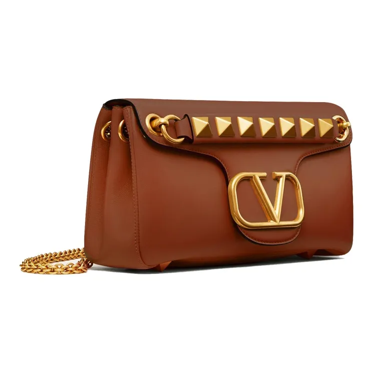 Valentino STUD SIGN Soft Sheepskin Baguette Bag Shoulder Bag Crossbody Bag Small Size Women's Saddle Brown-1