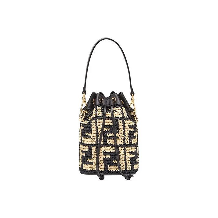 FENDI Mon Tresor Woven Raffia With Leather Handbag Mini Women's Black-0