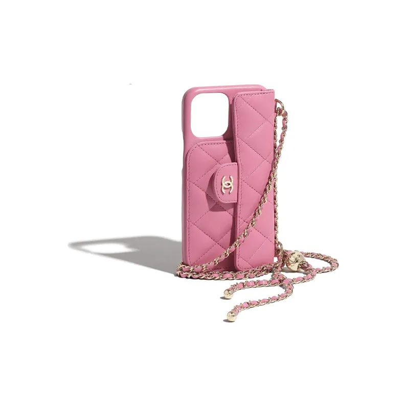 CHANEL Sheepskin & Metal Cell Phone Pouch Unisex Pink-2