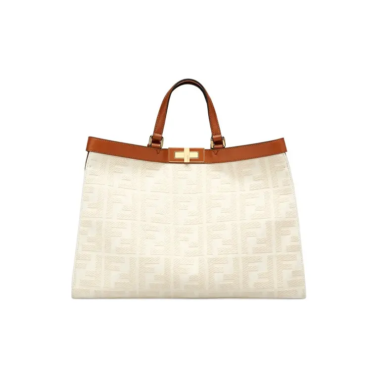 FENDI Peekaboo Canvas With Leather Tote Bag Shopping Bag Shoulder Bag Handbag Medium Size Women's White-0