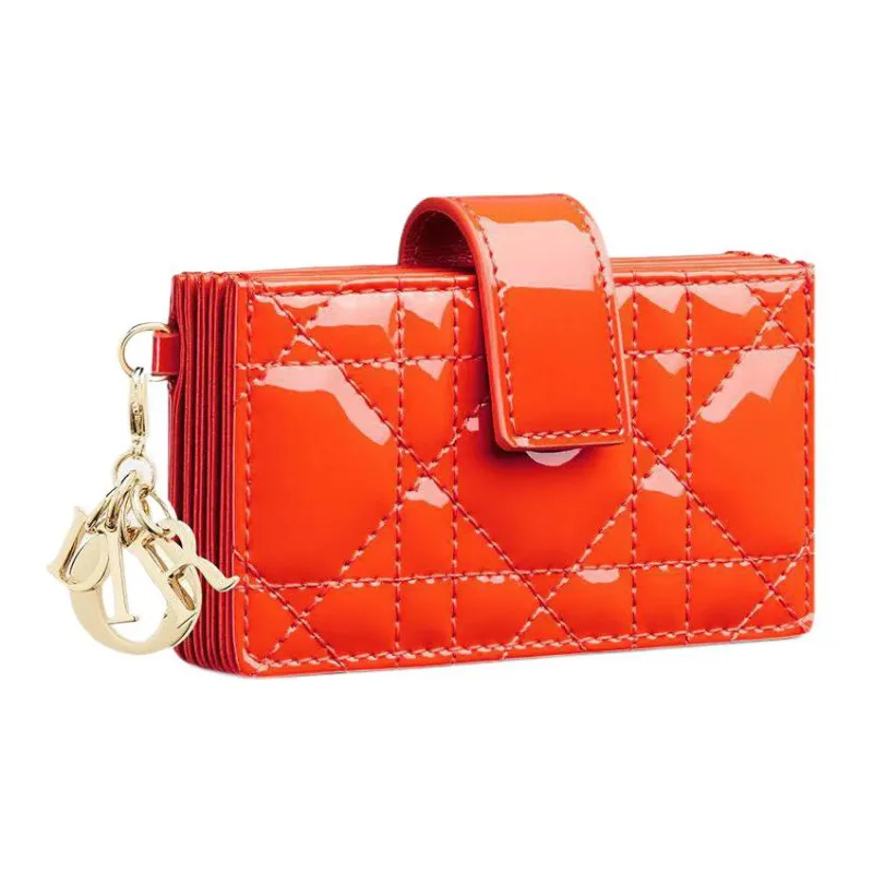 DIOR Lady Dior Patent Leather Cowhide Coin Purse Card Clip Card Holder Women's Bright Orange-1