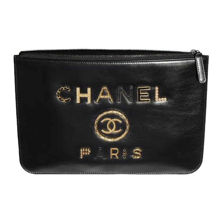 CHANEL Calfskin With Crystal Pearl With Water Crystal With Enamel Clutch Women's Black-1