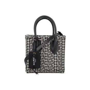 BALMAIN Cotton With Leather Shoulder Bag Crossbody Bag Handbag Women's Black White