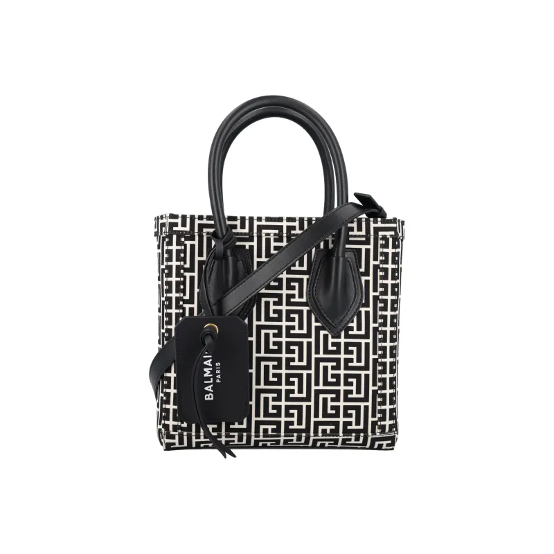 BALMAIN Cotton With Leather Shoulder Bag Crossbody Bag Handbag Women's Black White-0