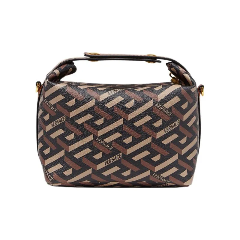 VERSACE La Greca Coated Canvas Handbag Mini Women's Black+Caramel-1