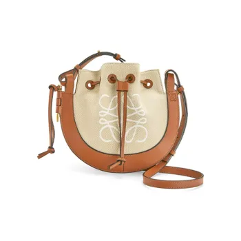 LOEWE Cowhide Patchwork Canvas Frisbee Bag Crossbody Bag Shoulder Bag Small Size Women's Brown