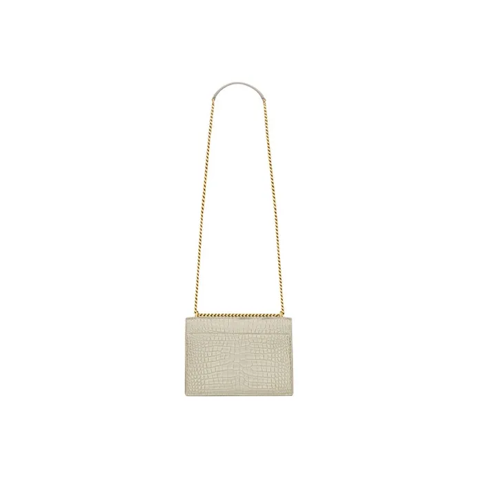 SAINT LAURENT SUNSET Crocodile Embossed Bright Leather Sunset Bag, Crossbody Bag, Shoulder Bag Women's Vintage White-4