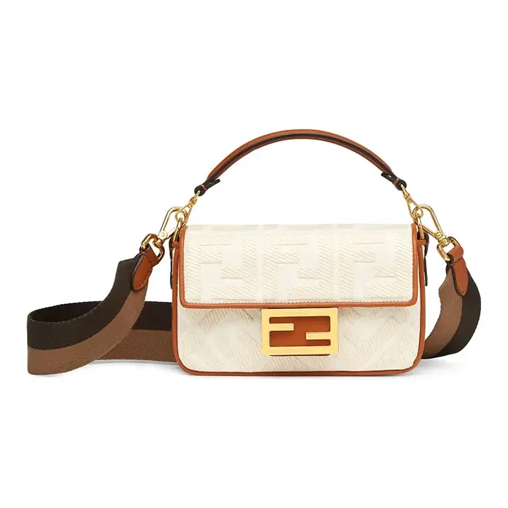 FENDI Baguette Cotton, Nylon, Polyurethane, Cow Leather Shoulder Bag, Crossbody Bag, Handbag Mini Women's White-0