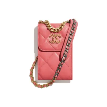 CHANEL Lambskin Gold Tone, Silver Tone, And Ruthenium Finish Metal Shoulder Bag With Cell Phone Pouch Women's Coral