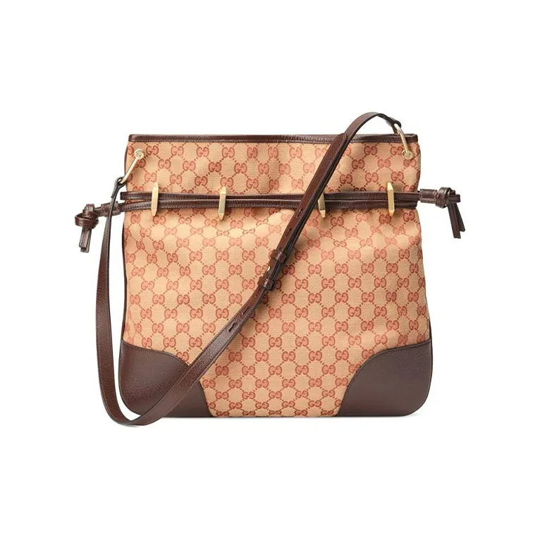 GUCCI Canvas With Leather Messenger Bag, Shoulder Bag, Crossbody Bag Women's Brown & Red & Gold-2