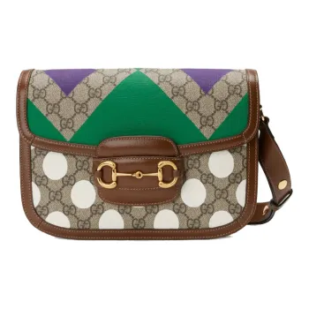 GUCCI Horsebit 1955 Canvas With Leather Saddle Bag, Shoulder Bag, Crossbody Bag Trumpets Unisex Ebony/Brown