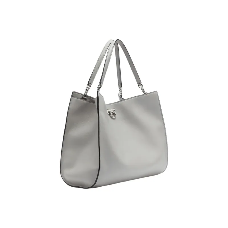 FERRAGAMO Trifolio Cow Leather Tote One Shoulder Handbag Women's Light Gray-3