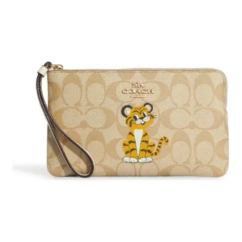 COACH Wristlet Canvas With Leather Wallet Clutch Wrist Bag Trumpets Women's Milk Tea