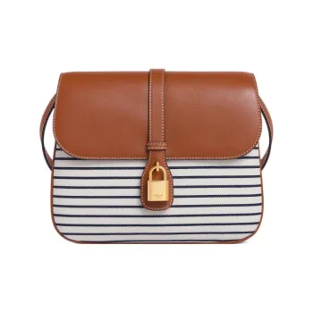 CELINE Tabou Stripes Textile, Cow Leather One Shoulder, Crossbody Bag Medium Size Women's Marine Blue/Tan