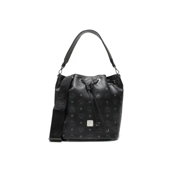 MCM Essential Visetos Origina Leather Drawstring Bucket Tote, One Shoulder Handbag Women's Black