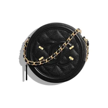 CHANEL 19Bag Embossed Calfskin With Grains Round Bag Chain Shoulder Bag Women's Black