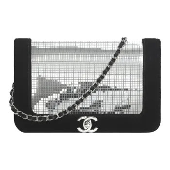 CHANEL Velour Fiber & Metal Accessory Shoulder Bag Women's Black & Silver