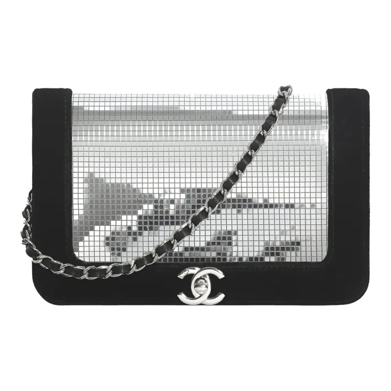 CHANEL Velour Fiber & Metal Accessory Shoulder Bag Women's Black & Silver-0