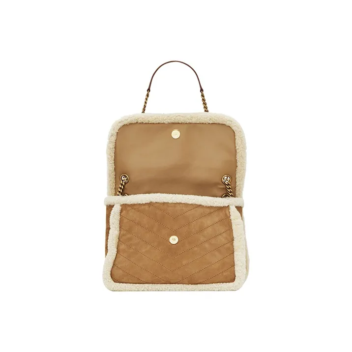 SAINT LAURENT Cowhide Leather Patchwork Wool Hobo Bag, Shoulder Bag, Crossbody Bag Medium Size Women's Camel & Beige-5