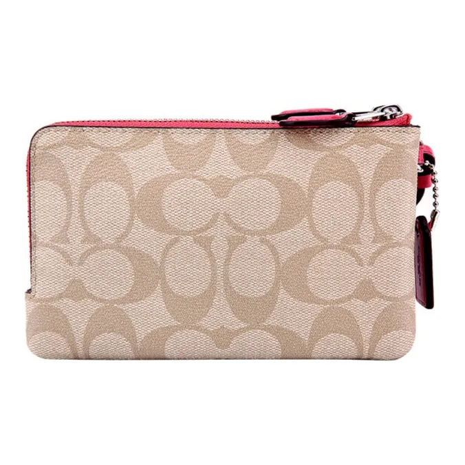 COACH Corner Zip Canvas With Leather Clutch Wrist Bag Coin Purse Pochette Women's Pink & Khaki Monogram-2