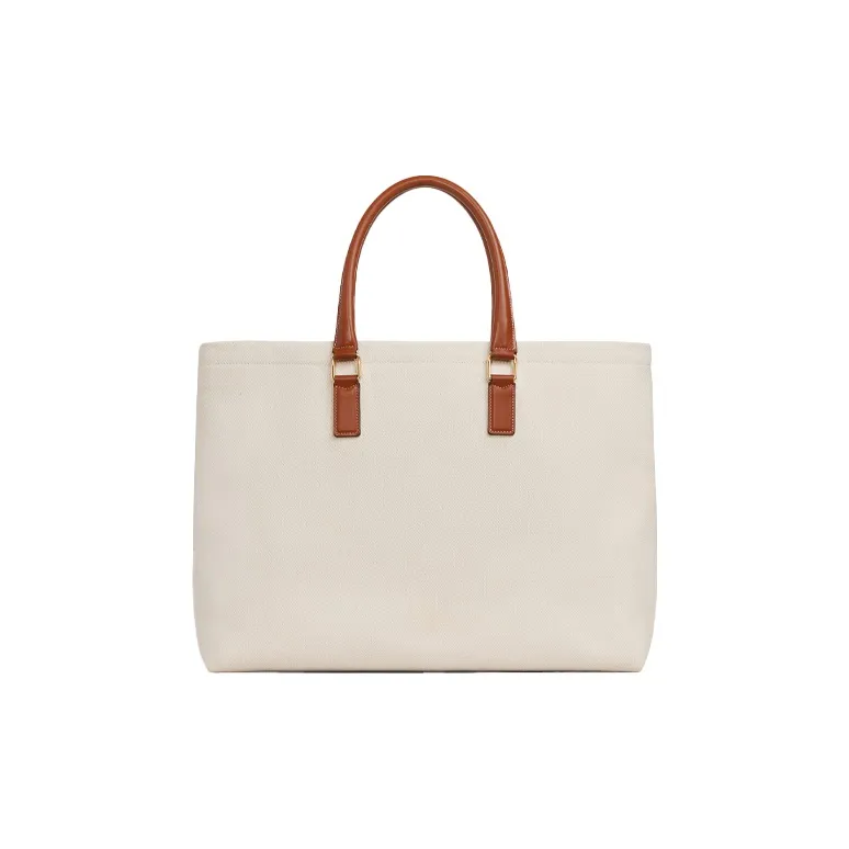 CELINE Cabas Fabric Cow Leather Patchwork Tote Bag Shopping Bag Shoulder Bags Women's Natural Color & Brown Umber-2