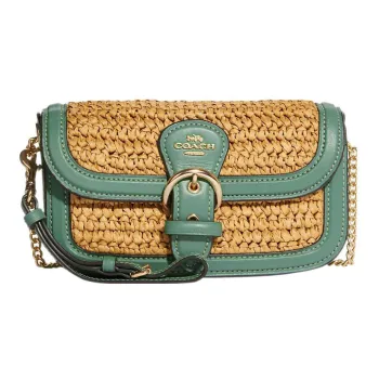 COACH Kleo Cow Leather Clutch, Wrist Bag, Crossbody Bag, Shoulder Bag Women's Khaki & Blue