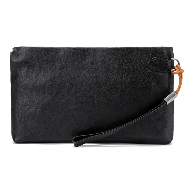 Ace Paul Top Grain Cow Leather Envelope Bag Clutches Medium Size Unisex Black-2