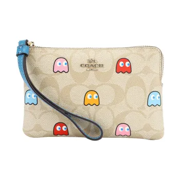 COACH X Pac-Man Pac-Man Collaboration Corner Zip Leather Clutch Small Size Women's Khaki With Blue Accents