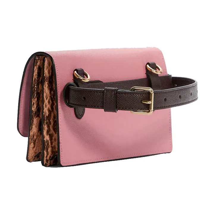 COACH Foldover Leather Fanny Pack, Crossbody Bag, Shoulder Bag Trumpets Women's Brown Monogram & Shell Pink-1