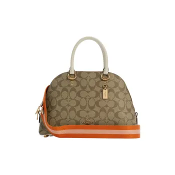 COACH Katy Canvas With Leather One Shoulder Crossbody Dome Bag Handbag Large Size Women's Khaki & Orange