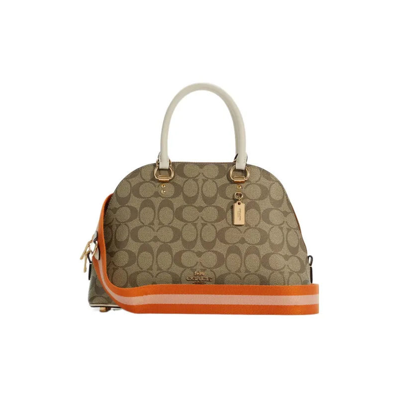 COACH Katy Canvas With Leather One Shoulder Crossbody Dome Bag Handbag Large Size Women's Khaki & Orange-0