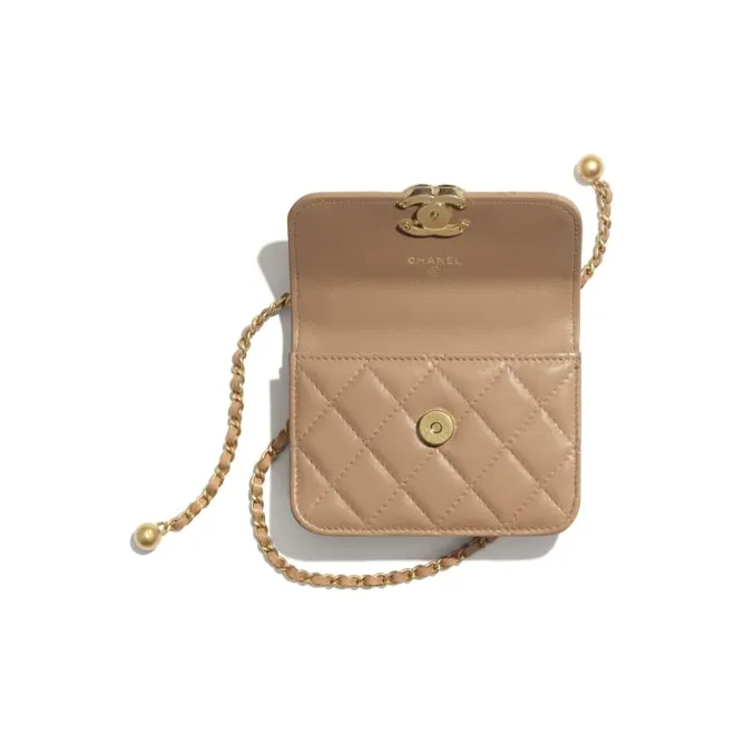 CHANEL Calfskin & Metal Crossbody Bag, Coin Purse Trumpets Women's Milk Tea-3