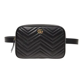 GUCCI GG Marmont Cow Leather Camera Bag One Shoulder Crossbody Fanny Pack Medium Size Men's Black