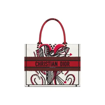 DIOR BookTote Embroidered Print Tote Bag Shopping Bag Handbag Small Size Women's Red/White