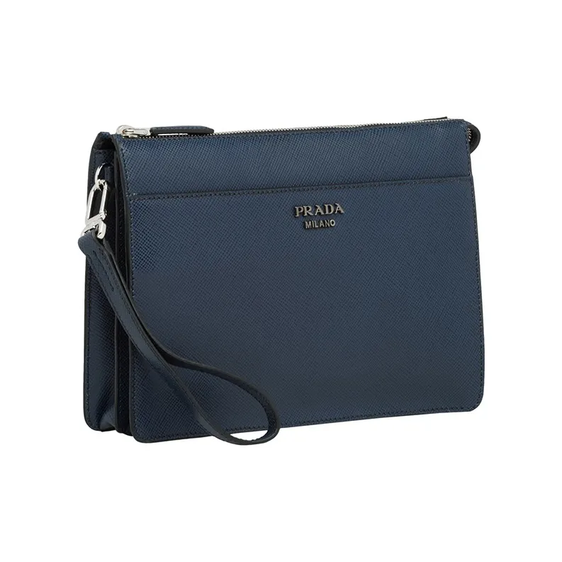 PRADA Saffiano Leather Clutch Men's Blue-1