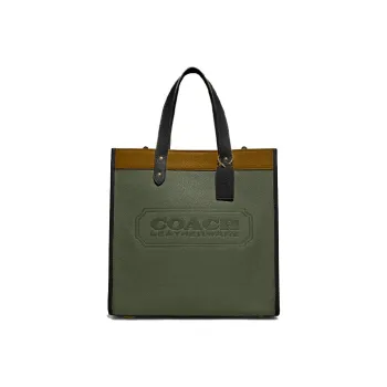 COACH Field Leather Vertical Tote Bag, Shopping Bag, Shoulder Bag, Handbag Large Size Women's Army Green & Brown