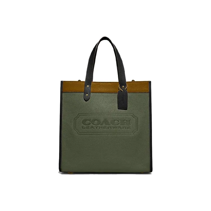 COACH Field Leather Vertical Tote Bag, Shopping Bag, Shoulder Bag, Handbag Large Size Women's Army Green & Brown-0