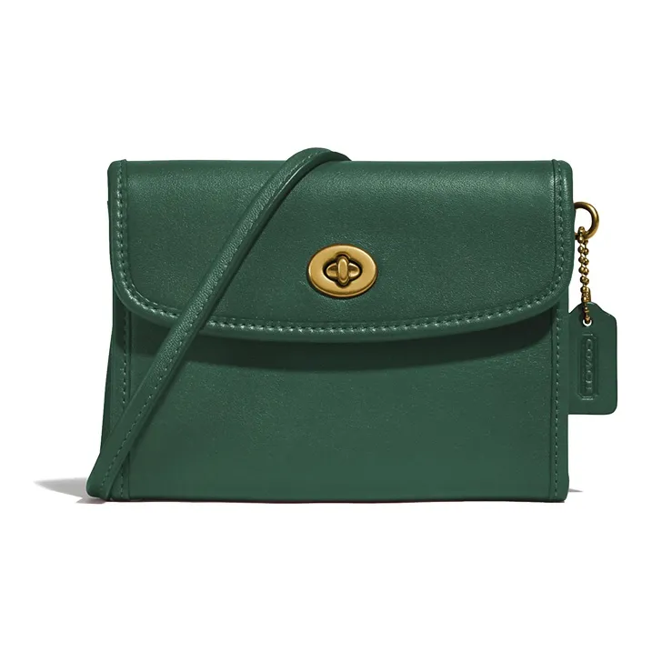 COACH Turnlock Leather Coin Purse Crossbody Wallet Women's Green-0