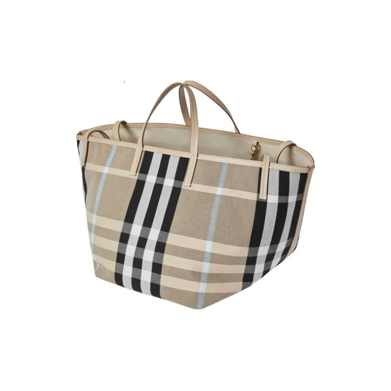 Burberry Plaid Canvas Beach Bag Tote Bag Shopping Bag Handbag Unisex Light Brown-1
