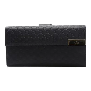 GUCCI Leather Long Foldable Wallet With Money Clip Women's Black